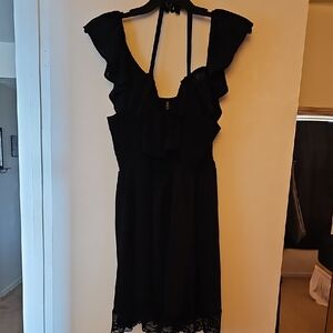 torrid Black Ruffle Backless Halter Swim Coverup with Lace Trim